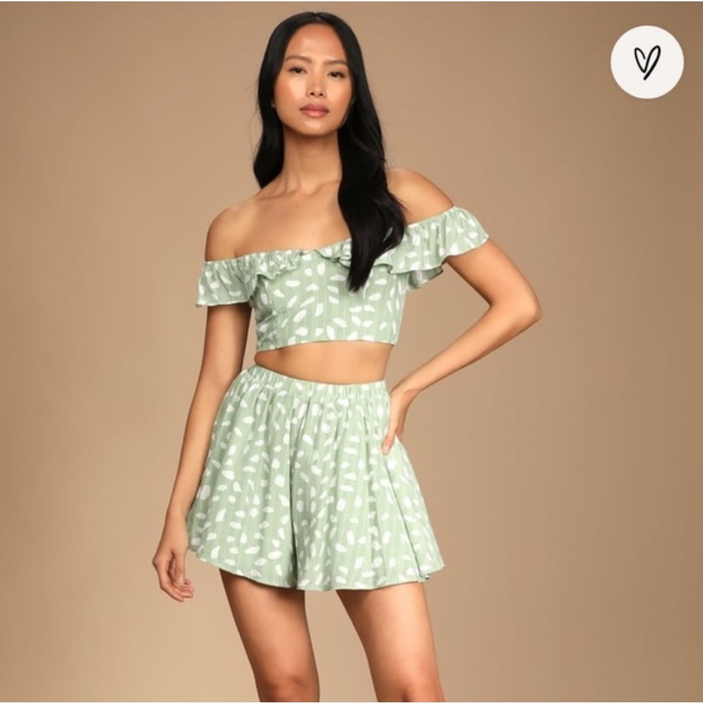 Lulu's Spring to It Sage Green Dotted Off-the-Shoulder Two-Piece Romper